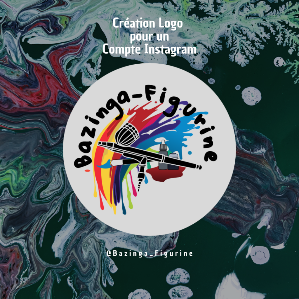 Logo Bazinga-Figurine, aérographe et pinceau poser au dessus d'une tache de peinture multicolore