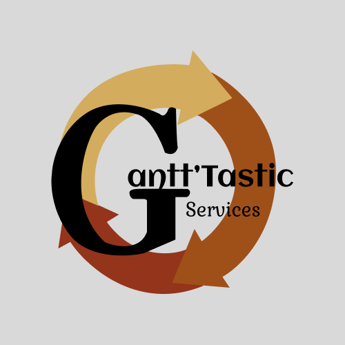 Logo Gantt'Tastic Services, cercle fléché dégradé orange et marron avec grand “G” noir au centre, nom de l’entreprise écrit en noir et gris.