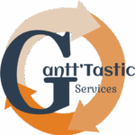 Logo Gantt'Tastic Services, cercle fléché dégradé orange et orange claire et beige avec grand “G” noir au centre, nom de l’entreprise écrit en noir et gris.