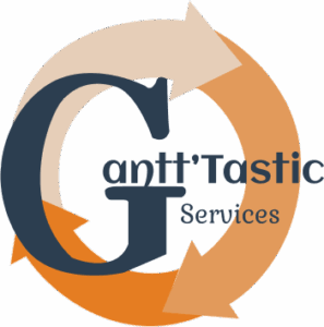Logo Gantt'Tastic Services, cercle fléché dégradé orange et orange claire et beige avec grand “G” noir au centre, nom de l’entreprise écrit en noir et gris.
