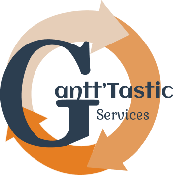 Logo Gantt'Tastic Services, cercle fléché dégradé orange et orange claire et beige avec grand “G” noir au centre, nom de l’entreprise écrit en noir et gris.