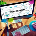ordinateur avec une écriture web design en gros sur l'écran avec une personne qui tien souris et clavier
